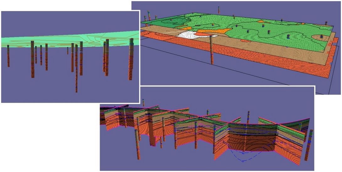Рис. 4. Комплексная 3D-визуализация ЦММ и геологического строения площадки