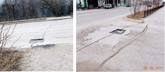 Рис. 7. Последствия &#171;ямочного ремонта&#187; по морозобойным трещинам на улице Ойунского