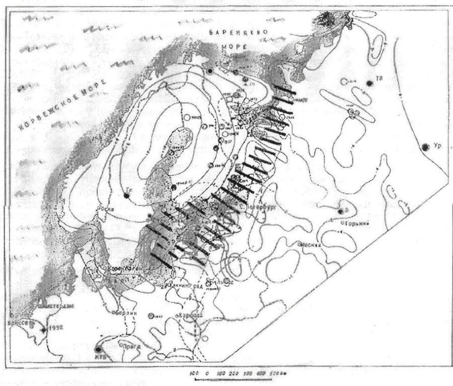 Рис.&nbsp;3. Восточно-Балтийская зона субширотных разломов Брегера&nbsp;– Полканова (показанных жирными штрихами) [12]