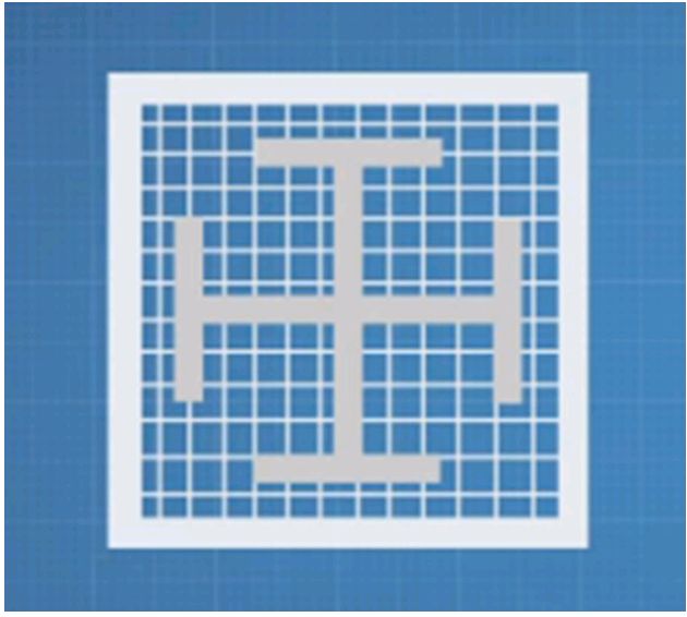 Рис.&nbsp;9. Условная схема поперечного сечения композитной периметральной колонны Серым цветом показан стальной сердечник (17%), голубым цветом внутри белой границы&nbsp;– бетон (83%), белой сеткой&nbsp;– стальная арматура&nbsp;[7] 