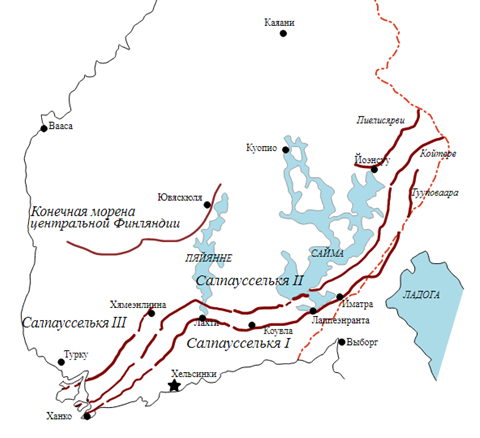 Рис.&nbsp;3. Три гряды Сальпаусселькя, гряды Восточной и Центральной Финляндии на карте-схеме&nbsp;[32]