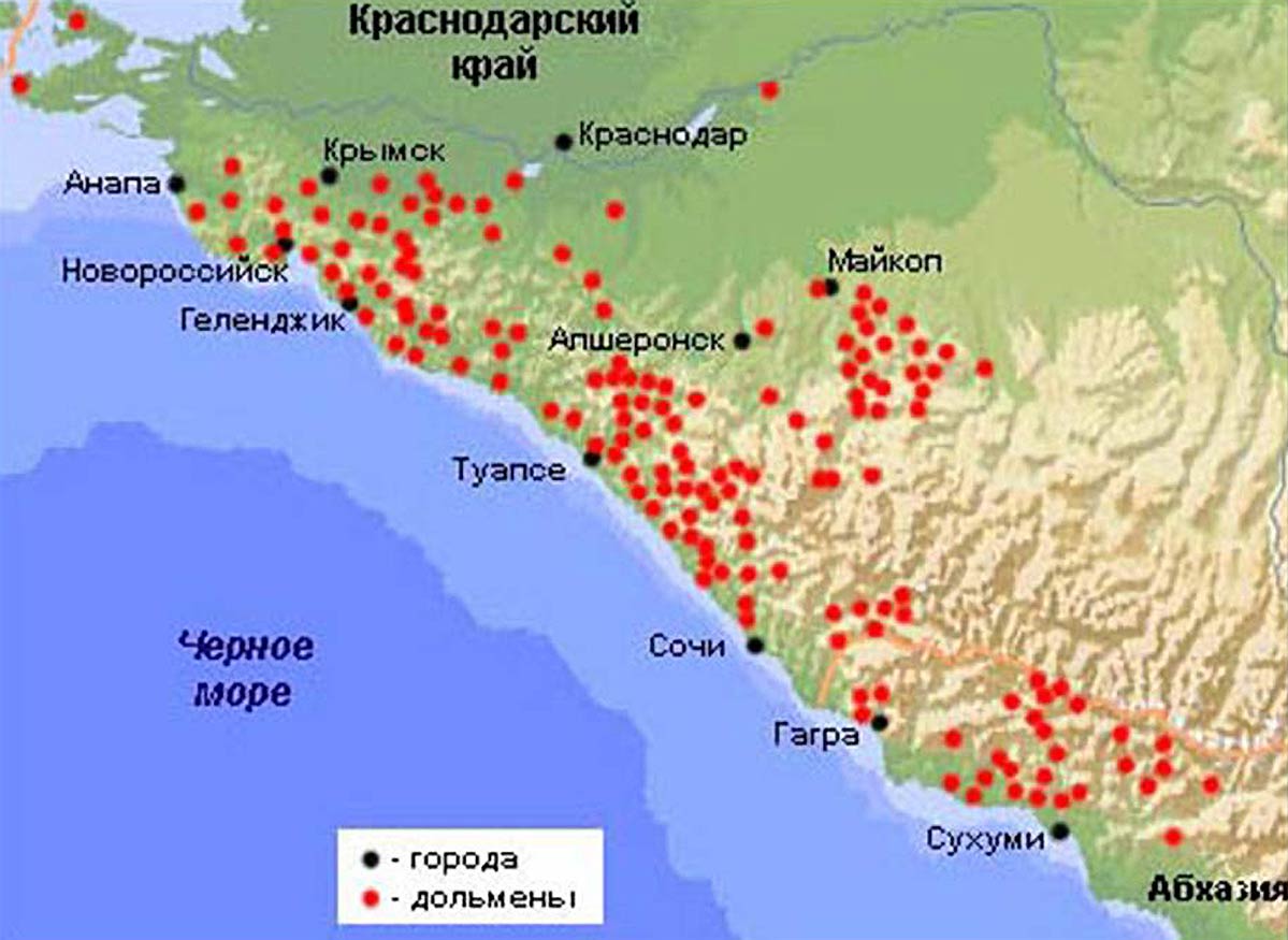 Рис.&nbsp;6. Места расположения известных дольменов на карте Западного Кавказа&nbsp;[2]