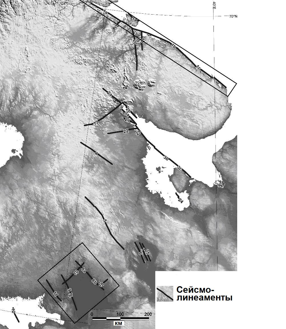 Рис.&nbsp;7. Карта основных сейсмолинеаментов восточной части Балтийского щита с выявленными землетрясениями прошлого, имевшими магнитуды не менее&nbsp;6. Участки, рассмотренные в статье в качестве примеров, обведены черными рамками (наверху&nbsp;– зона Мурманского сейсмолинеамента, внизу&nbsp;– Восточно-, Северо-, Западно-Ладожские и Вуоксинский сейсмолинеаменты) (по&nbsp;[10]) 