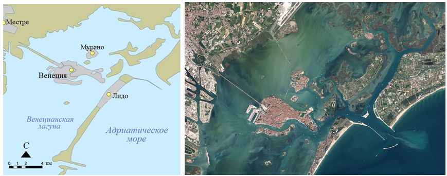 Рис.&nbsp;2. Исторический центр Венеции расположен на трех островах. Два наиболее близко расположенных из них разделены знаменитым Большим Каналом. Крупный овальный остров к северо-северо-востоку от Венеции&nbsp;– пригород Мурано. К&nbsp;востоку от Венеции&nbsp;– пролив Лидо в песчаной косе, соединяющий Венецианскую лагуну с Адриатическим морем [27,&nbsp;28]