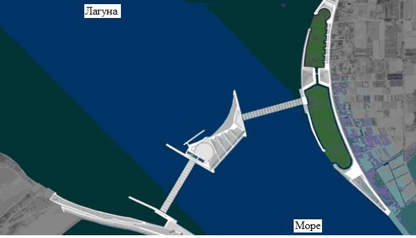 Рис. 8. Схема расположения искусственного острова и мобильных барьеров между ним и берегами пролива Лидо&nbsp;(по&nbsp;[15])
