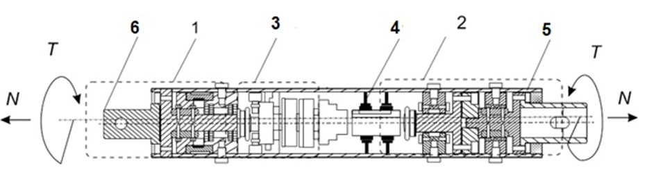 Рис. 2. Устройство для измерения параметров бурения: 1 – блок датчика момента; 2 – блок датчика силы; 3 – блок электроники; 4 – аккумулятор; 5 – корпус; 6 – хвостовик