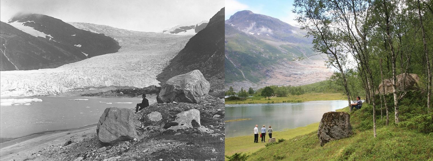 Рис. 2. Ледник Энгабреен в Северной Норвегии в 1889&nbsp;г. (слева) и в 2010&nbsp;г. (справа). Фотографии сделаны из одной и той же точки&nbsp;в одно и то же время года [74]