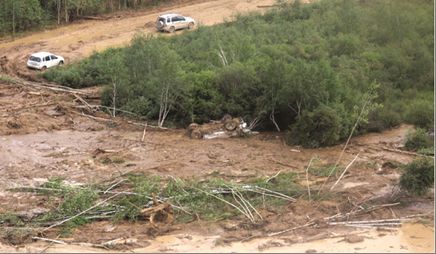 Рис.&nbsp;7. Последствия схода оползня на одном из склонов долины ручья Кириэстээх (Якутия) в июле 2013&nbsp;года [20]