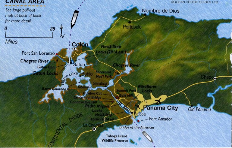 Рис. 12. Панамский канал и водохранилище Гатун (ближе к Атлантическому океану) на карте&nbsp;[12]
