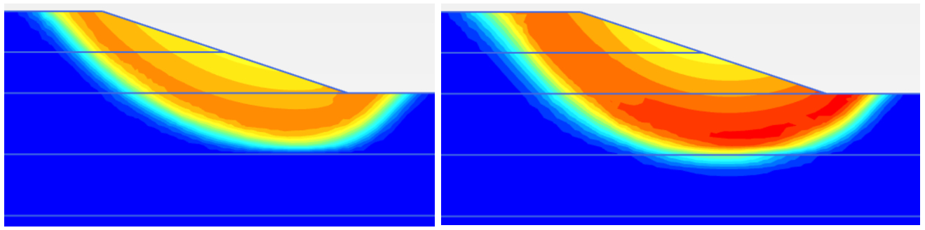Рис. 4. Результаты расчетов устойчивости: слева – дренированные условия (Куст=1,5); справа – недренированные (Куст=1,1)