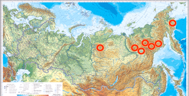 Рис. 1. Районы исследования (выделены красными кругами) птиц в горах Северной Азии
