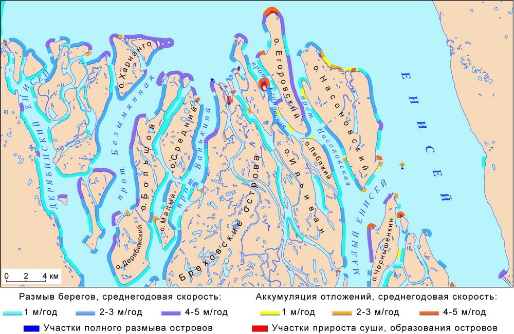 Рис. 4. Карта динамики морского края дельты р. Енисей