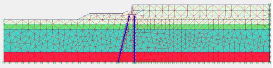 Рис.&nbsp;15. Конечноэлементная модель грунтового основания и подходной насыпи путепровода, построенная в программном комплексе PLAXIS&nbsp;2D. Синим цветом показаны сваи, поддерживающие устой путепровода&nbsp;[23]