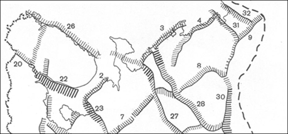 Рис. 9. Схема главнейших тектонических швов (линеаментов), активных на новейшем этапе развития (фрагмент) [8]