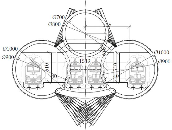 Рис. 1. Предлагаемая конфигурация тоннеля, полученного в результате объединения трех тоннелей, независимо пройденных щитовым способом (размеры приведены в сантиметрах) [24]