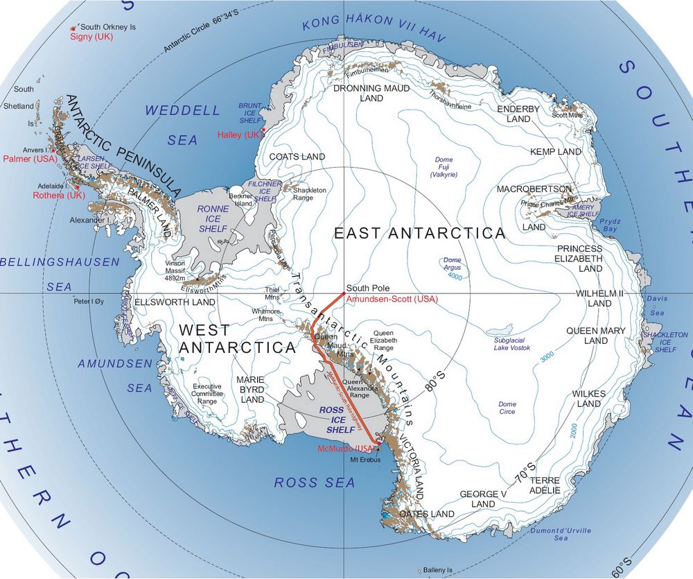 Рис. 12. Трансантарктическое шоссе Мак-Мёрдо – Южный полюс длиной 1450&nbsp;км и его траектория на карте Антарктиды (показанная красной линией) [40]