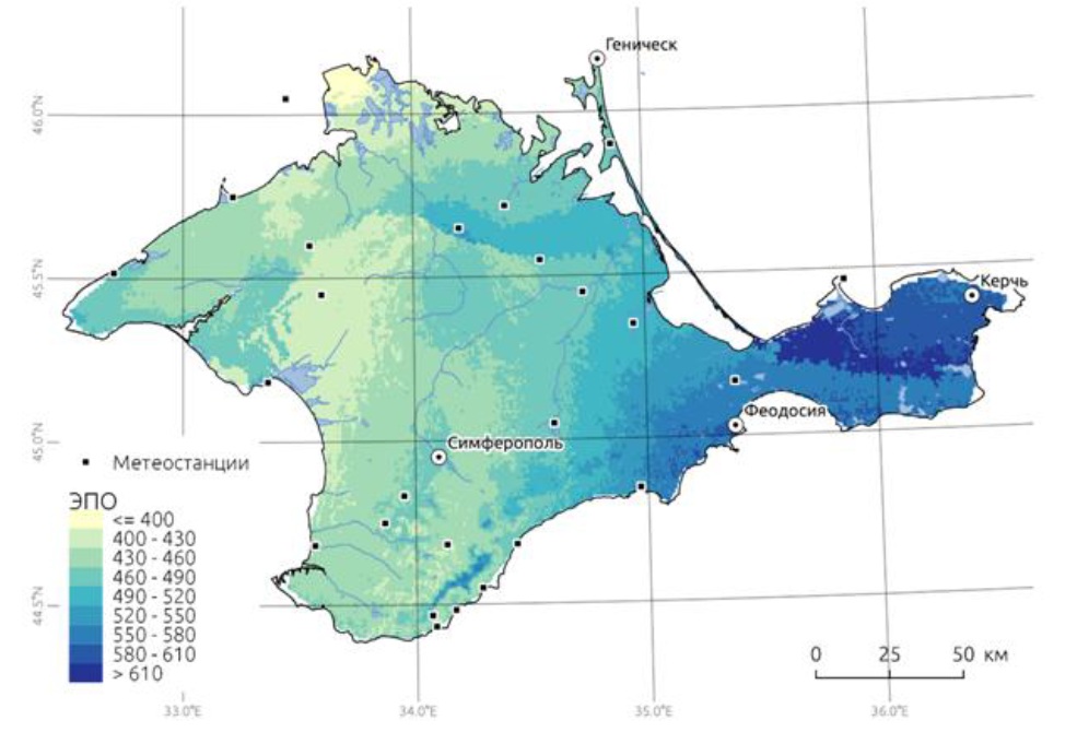 Рис. 2. Пространственная изменчивость эрозионного потенциала осадков (ЭПО) на территории Крымского полуострова