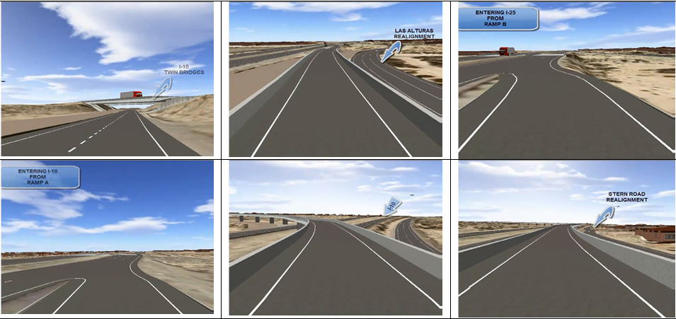 Рис. 4. На скриншотах из 3D-модели, полученной в программе InfraWorks, показаны участки реконструкции двойного моста и некоторых подъездных и прилегающих дорог. Изображения любезно предоставлены Департаментом транспорта штата Нью-Мексико США