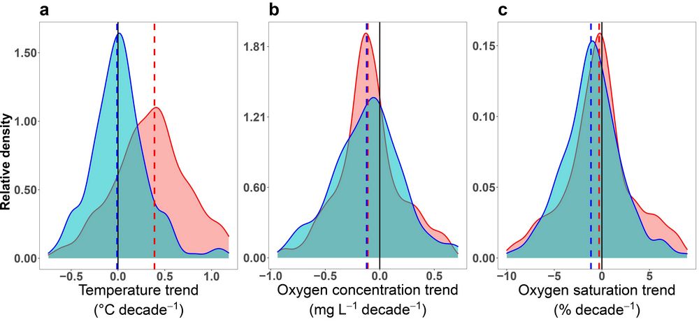 Рис. 2. Тренды в многолетних изменениях растворенного кислорода и температуры воды: плотность распределения значений температуры воды (а), содержания растворенного кислорода (b) и процентного насыщения воды кислородом (с). Красным цветом изображены данные для поверхностного слоя, а синим – для придонного. Вертикальными линиями изображены медианные значения в трендах, черной линией показан нулевой тренд