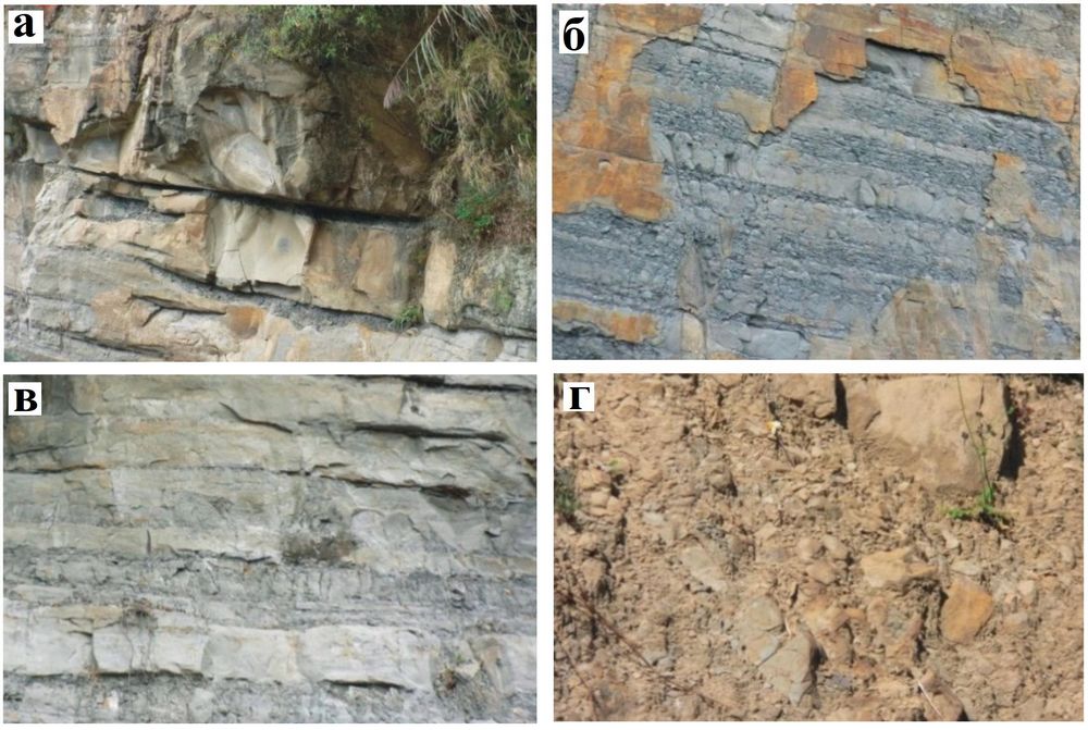 Рис.&nbsp;2. Геологические составляющие оползня Ю-Е-Линь: a&nbsp;– песчаник; б&nbsp;– глинистый сланец; в&nbsp;– чередующиеся песчаник и глинистый сланец; г&nbsp;– коллювий