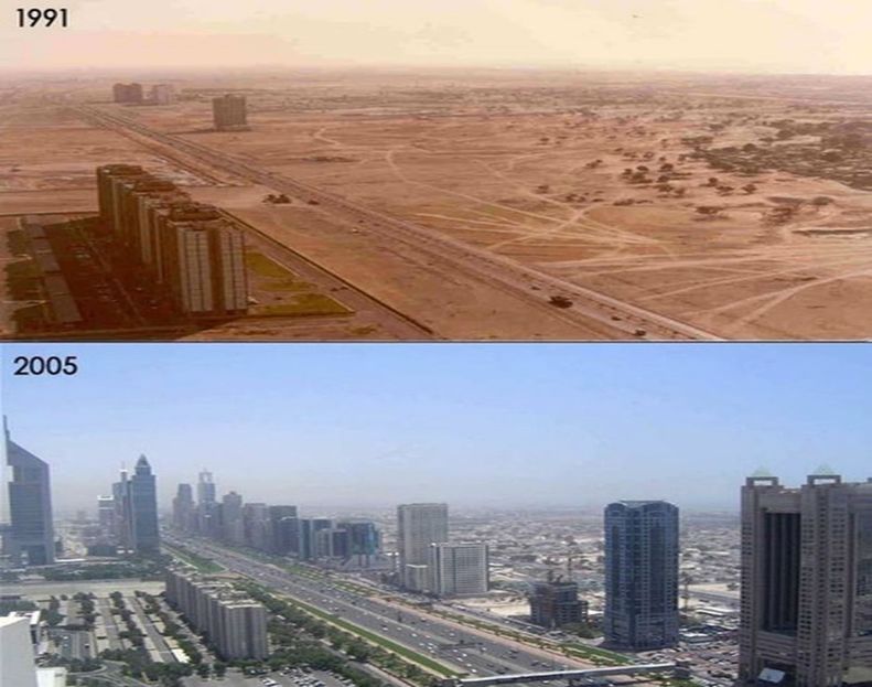 Рис.1. Впечатляющая картина изменения ландшафта при создании современного города в пустыне Аравийского полуострова (Дубай). Каждый кустик растительности здесь требует полива пресной водой, а общественное пространство кондиционирования воздуха