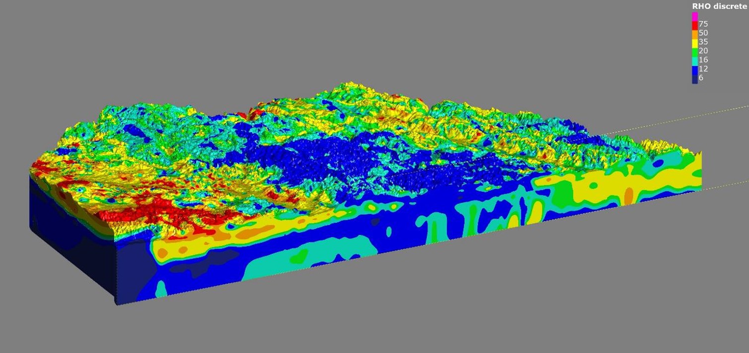 Рис. 3. Данные датчиков, обработанные и инвертированные в программном обеспечении AGS Workbench, затем могут быть объединены в программе Seequent Leapfrog Works для создания 3D модели, которая обеспечивает подробный обзор ресурсов. Изображение выше показывает гидрогеологическую карту недр Главного водоносного горизонта (и части водоносного горизонта Огаллала) в Небраске, США. Аэроэлектромагнитная съемка (AEM) использовалась для сбора данных с исследуемого участка площадью 4000 квадратных миль. Участки с цветовой кодировкой представляют собой восемь категорий удельного сопротивления. Более высокие значения удельного сопротивления показаны цветами от желтого до красного (песок и гравий), более низкие значения удельного сопротивления представлены цветами от синего до зеленого (глина и ил), а коричневый цвет обозначает коренные породы
