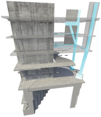Рис. 10. Трехмерная модель нижней восточной части комплекса &#171;Принсипал Тауэр&#187; (над защищенным железнодорожным коридором), демонстрирующая, что нагрузки от веса башни передаются по &#171;лабиринту&#187; специальных конструкций в несущих колоннах, железобетонных стенах и перекрытиях башни на сваи фундамента, расположенные западнее [1]