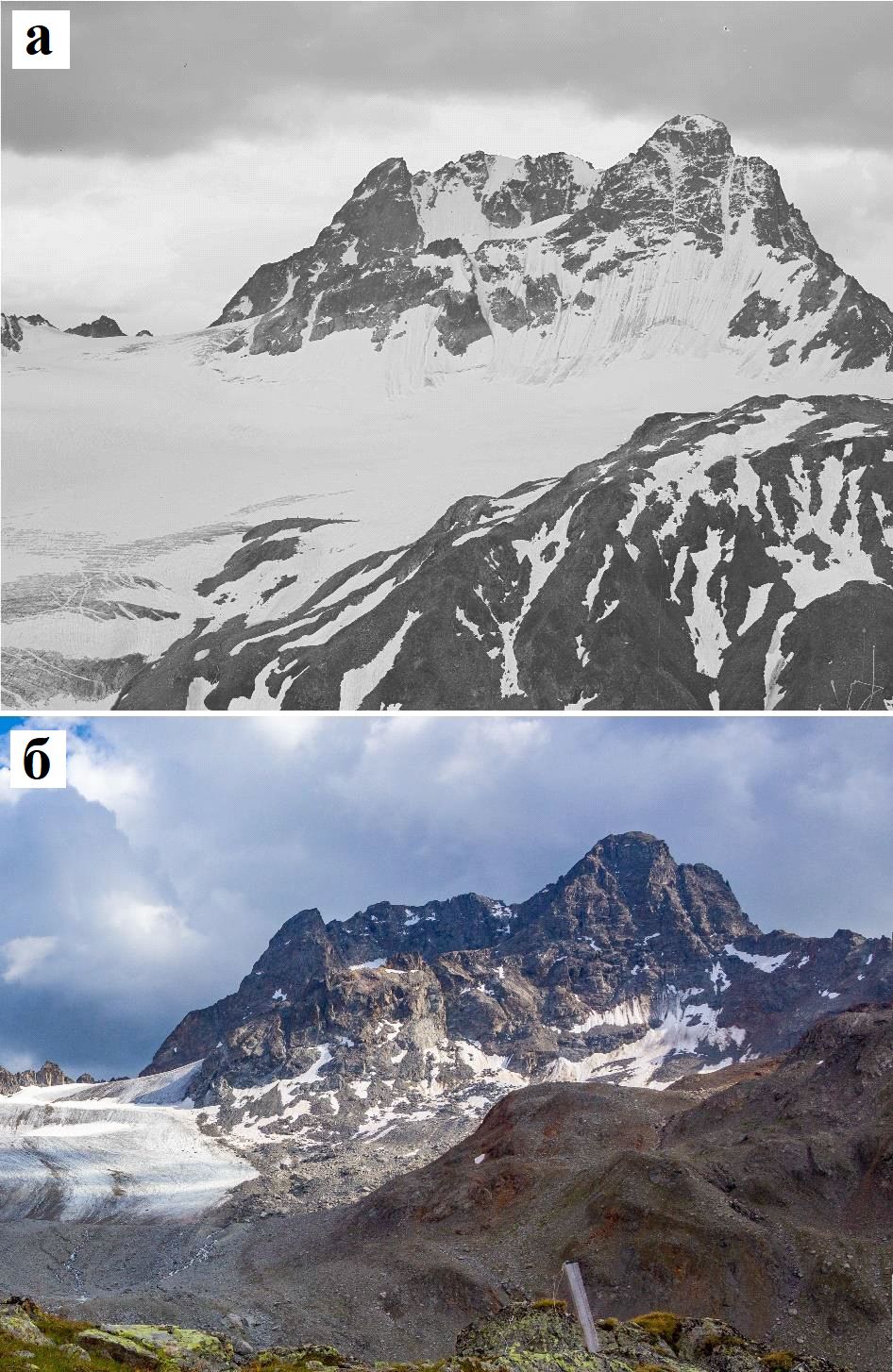 Рис.&nbsp;34. Северный фланг вершины Пиц-Кеш в Швейцарских Альпах в середине&nbsp;августа 1936&nbsp;года&nbsp;(а) и&nbsp;2020&nbsp;года&nbsp;(б). В&nbsp;1936&nbsp;году крутые скальные склоны были полностью покрыты ледяными фартуками, от&nbsp;которых в&nbsp;2020&nbsp;году почти ничего не осталось. При этом явно возросла интенсивность камнепадов разных объемов (вплоть до 150&nbsp;000&nbsp;куб.&nbsp;м). Ранее чистый ледник Порчабелла (видный как сплошной белый покров на рисунке&nbsp;&#171;а&#187;) теперь почти полностью покрыт обломочным материалом (что хорошо видно на рисунке&nbsp;&#171;б&#187;)&nbsp;[3]