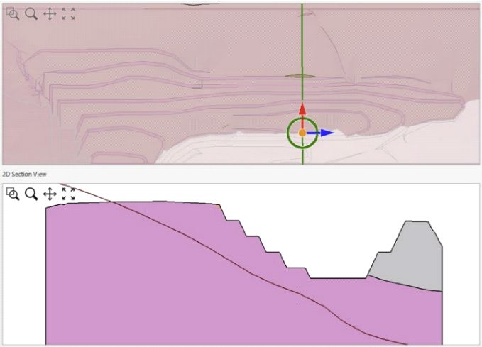 Рис. 3. План рассматриваемого борта карьера, на котором зеленым цветом показана линия разреза, и поперечный разрез по этой линии для анализа в программе Slide2 (разрез проходит через середину критической поверхности скольжения, рассчитанной на основе 3D моделирования) 