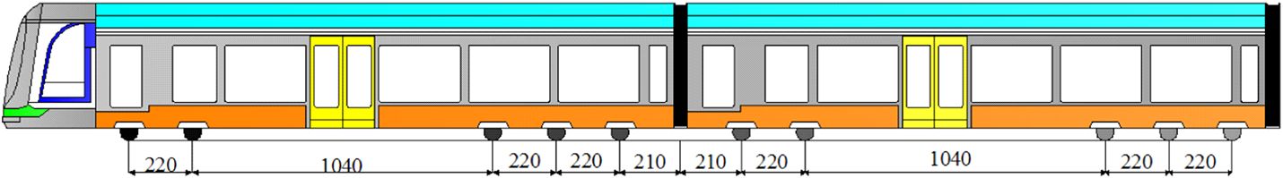 Рис.&nbsp;6. Схема двух вагонов поезда метро Сианя с&nbsp;указанием расстояний между осями колесных пар&nbsp;(см)