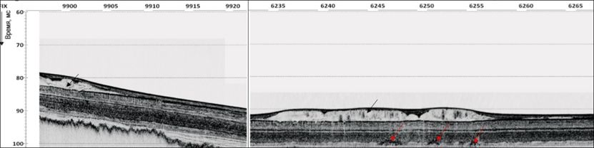 Рис. 4. Акустически прозрачное тело (стрелки вверху) на траверзе м. Бол. Утриш (слева – продольный (фрагмент), справа – поперечный профиль). Стрелки внизу – газонасыщенные отложения