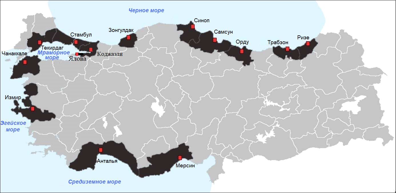 Рис.&nbsp;1. Крупные прибрежные города Турции (n=14) (по&nbsp;[1])