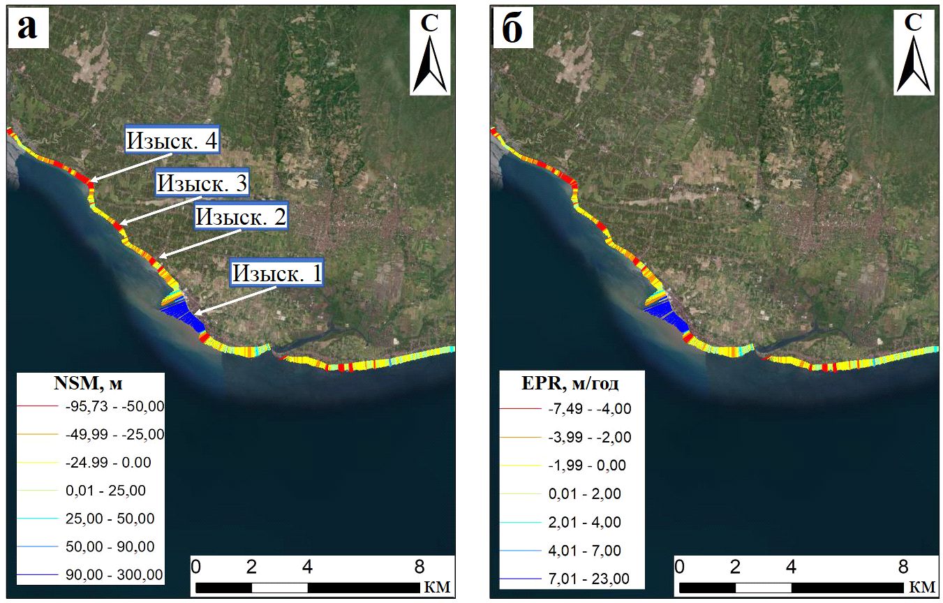 Рис.&nbsp;7. Результаты окончательных расчетов изменений береговой линии: а&nbsp;– чистые смещения береговой линии за рассматриваемый промежуток времени (NSM,&nbsp;м); б&nbsp;– скорости достижения конечной точки (EPR, м/год)