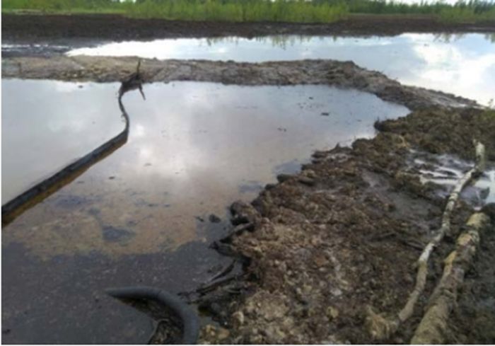 Рис. 5. Откачка жидкой нефти с водной поверхности. Видно боновое заграждение (фото Королева В.С.)