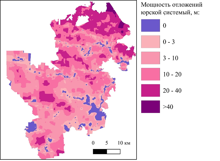 Рис.2. Карта мощности юрских отложений (составлено авторами на основе данных цифровой трехмерной геологической модели ГБУ «Мосгоргеотрест»)