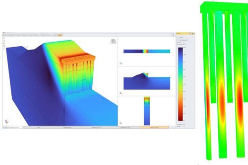 3D конечноэлементный анализ поведения подпорной стенки из свай